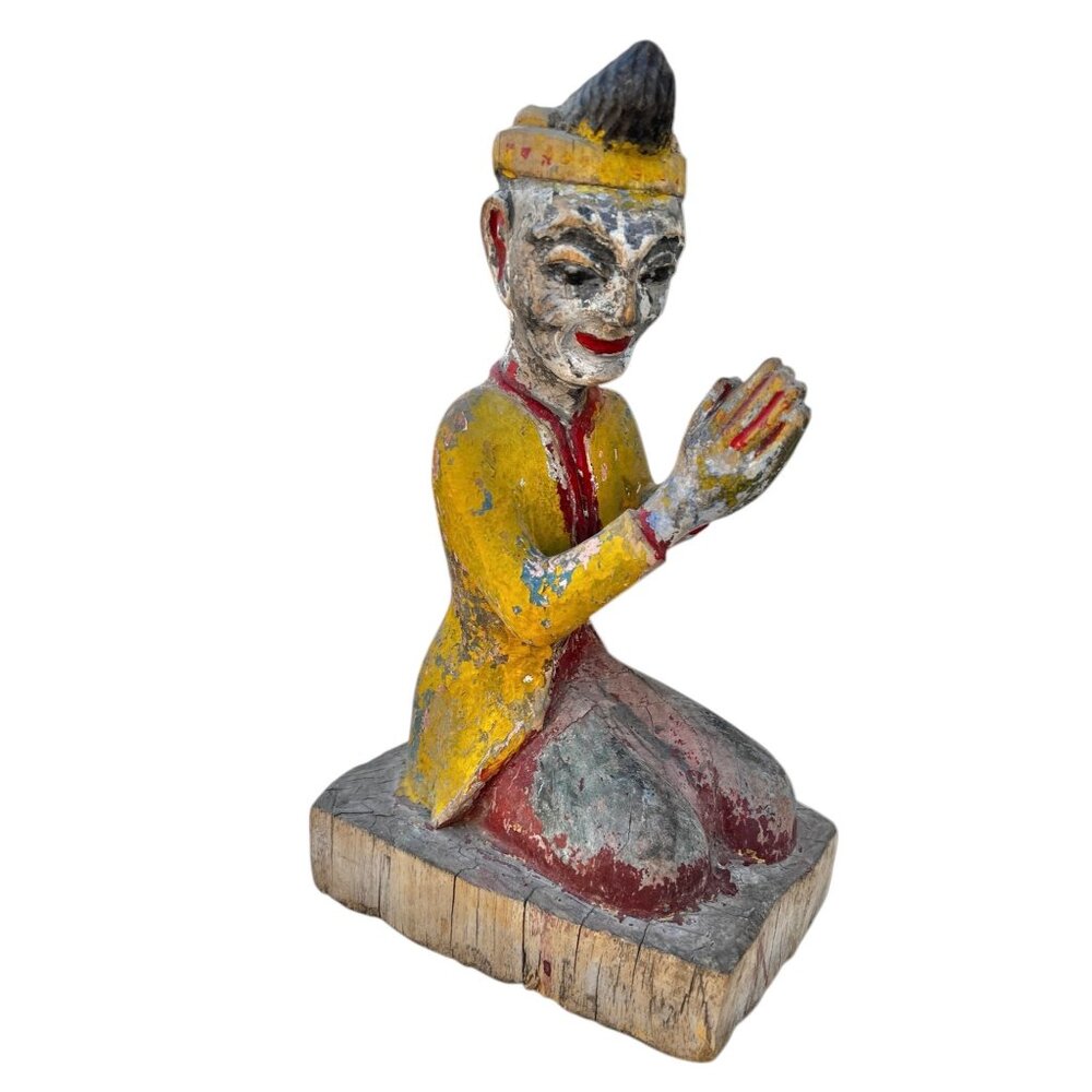 Antique Hand-Carved Wooden Kneeling Monk Statue With Praying Hands